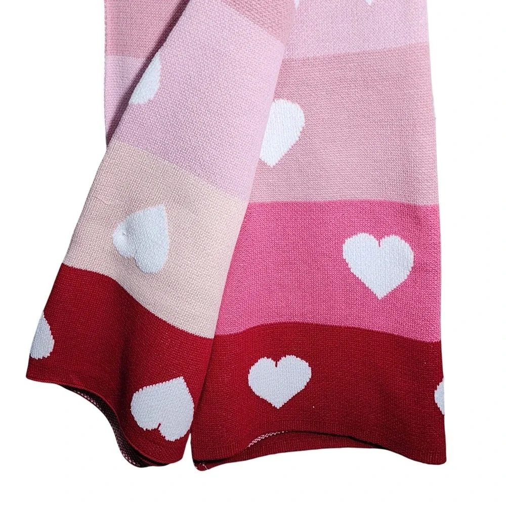 Zoe Rachel Cotton Blend Knit Throw Blanket Heart Color Block Pink Red 50x70